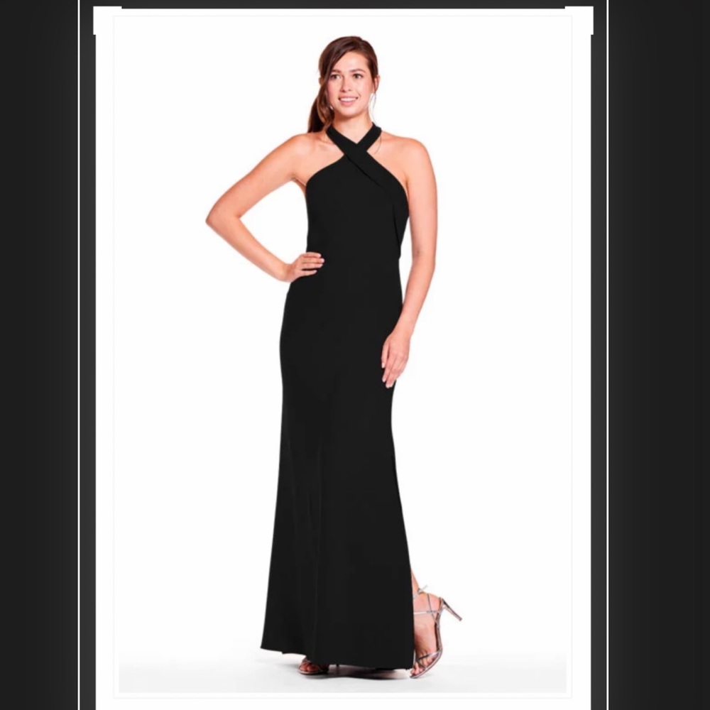 Bari Jay designer long, black high neck dress.